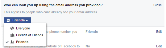 Facebook lets you choose whether users can look for your account by email or phone number